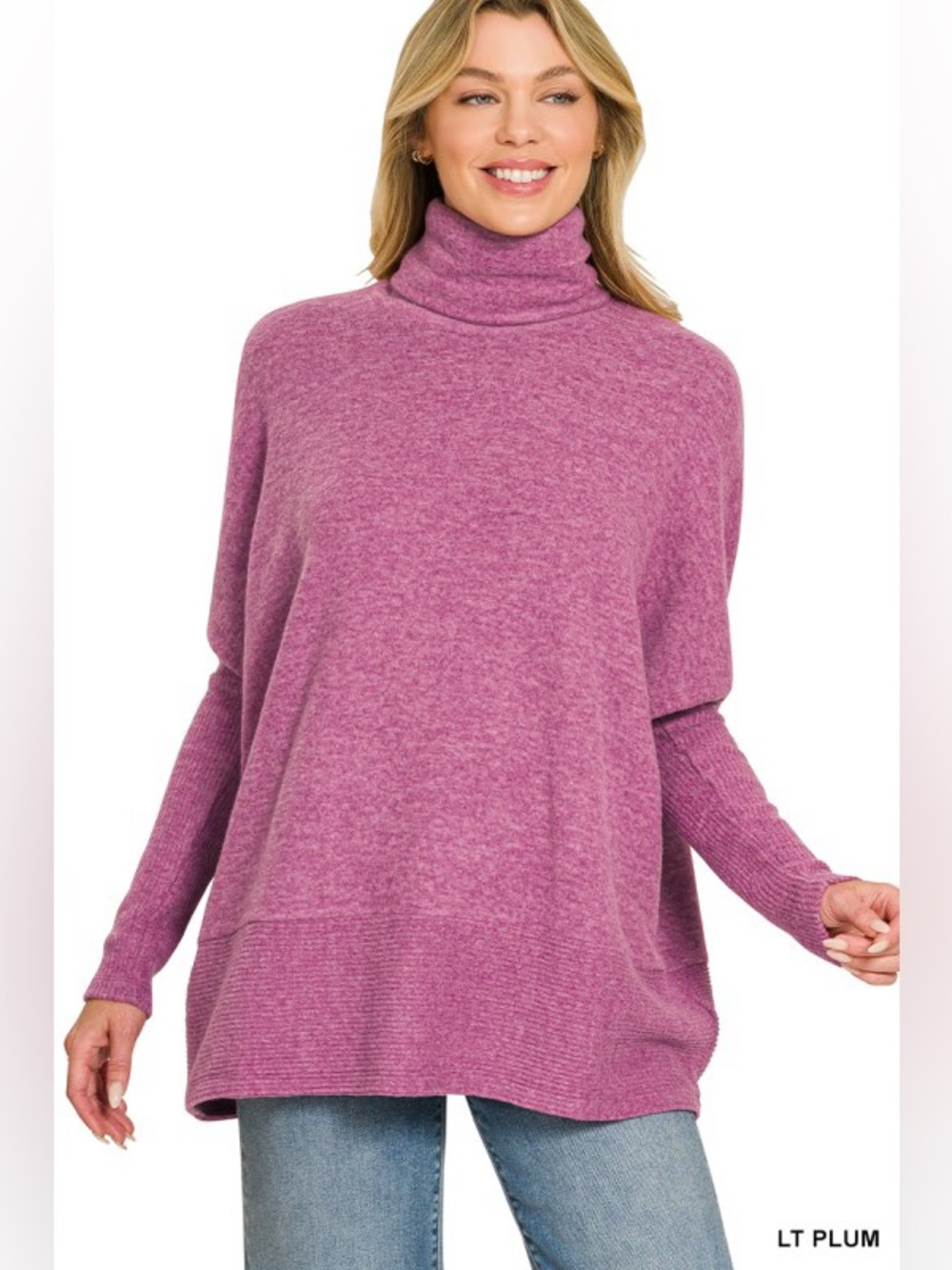 NWT Zenana Brushed
Melange Hacci Turtleneck
Sweater Lt Plum Soft Top